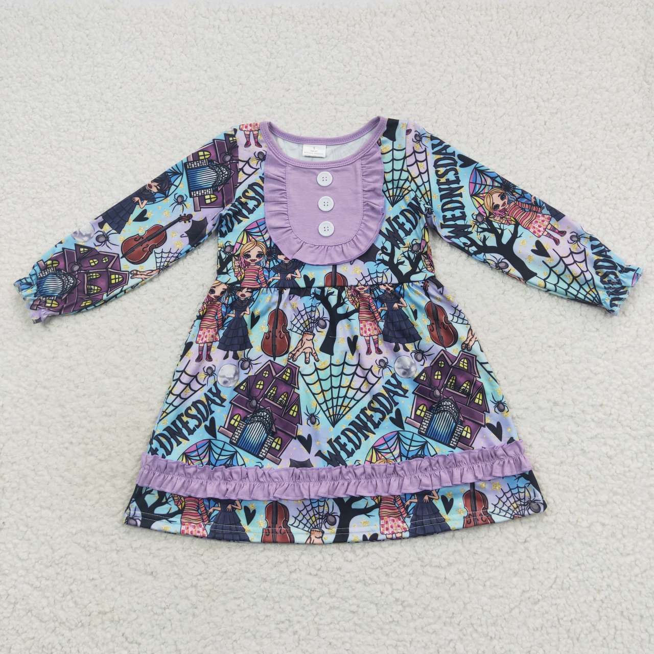 RTS NO MOQ(In Stock ) Wednesday Purple Lace Long Sleeve Dress