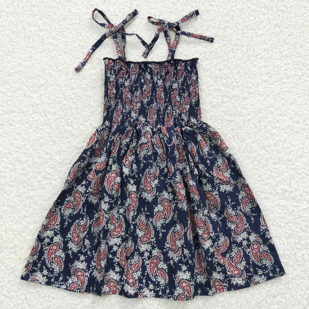 RTS NO MOQ(In Stock ) GSD0366 Vintage Pattern Navy Blue Elastic Dress