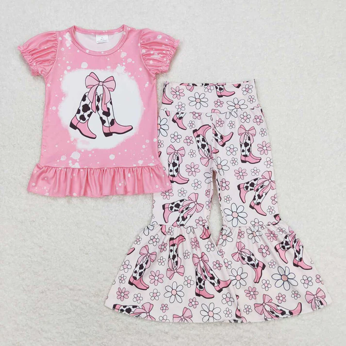 RTS Baby Girls Sibling Horse Boots Tee Top Bell Pants Western Outfits Sets