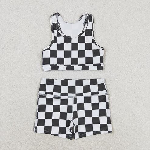 RTS Yoga Fabric Cycling Pants Suit Smiley Plaid Cute Summer Girl Suit