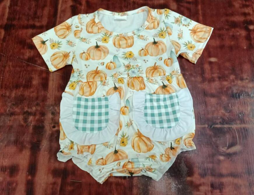 Custom moq 3 eta 6-7weeks Short Sleeve Pumpkin Pocket Cropped Romper