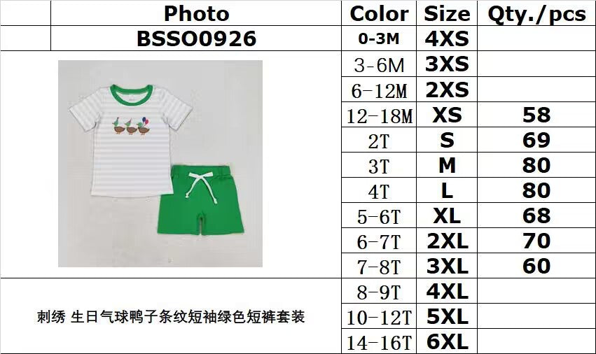 RTS NO MOQ BSSO0926 Embroidered birthday balloon duck striped short-sleeved green shorts set