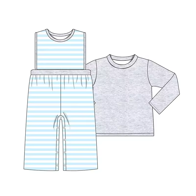 Custom moq 3 eta 6-8weeks Blue striped overalls + gray long-sleeved top