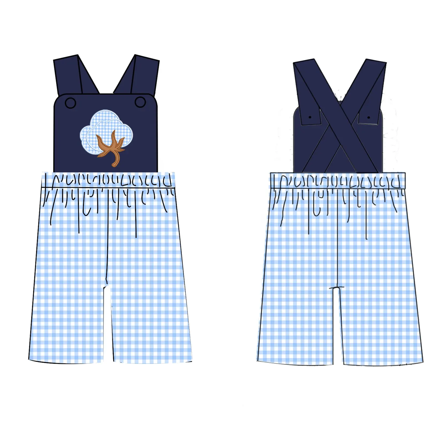 Custom moq 3 eta 7/8week moq 5 eta /4/5week Blue plaid suspenders with embroidered blue plaid cloud and tree pattern