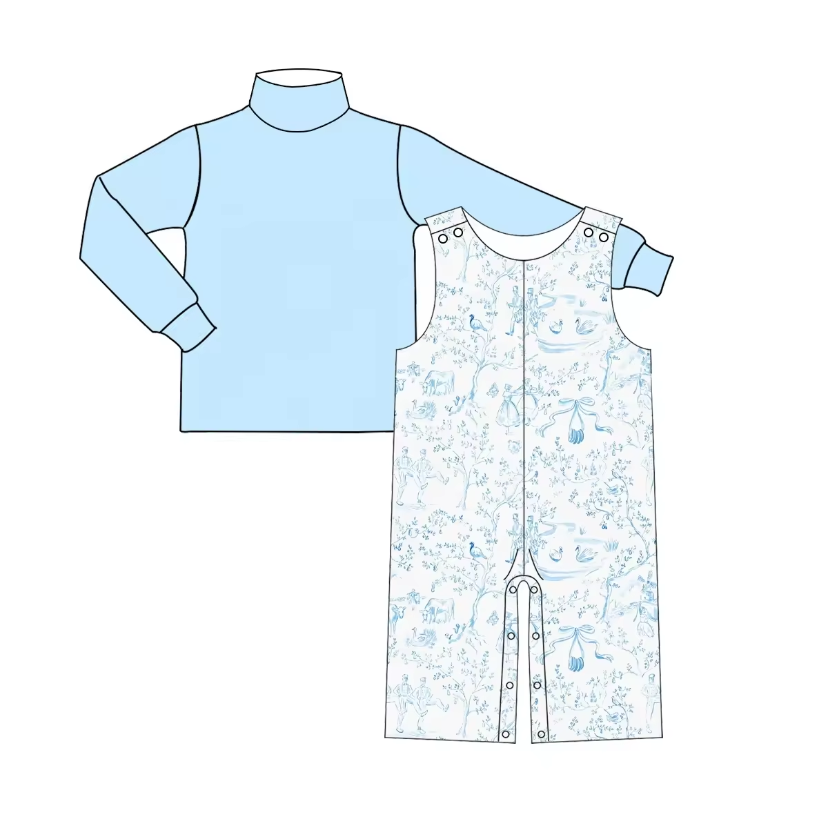 Custom moq 3 eta 6-8weeks Sky Blue Senior Long Sleeve Top-Pattern Line Overalls Set