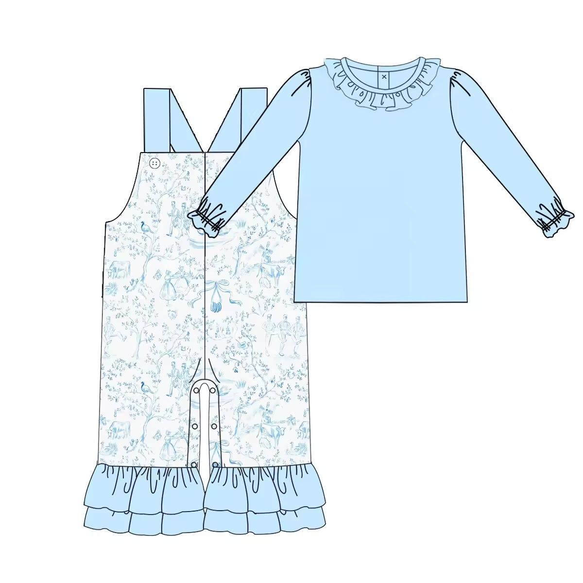 Custom moq 3 eta 6-8weeks Sky blue pleated lace long-sleeved top and patterned line overalls suit