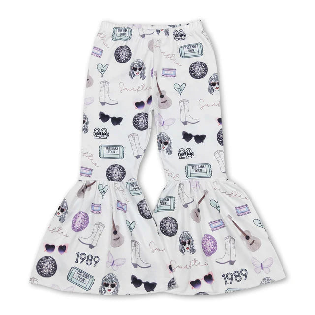 RTS NO MOQ milk silk GT1398+P0415 Baby Girls Baby Blue Short Sleeve Flowers Rabbits Easter T-shirts Top and White Singer Bell Bottom Flare Pants