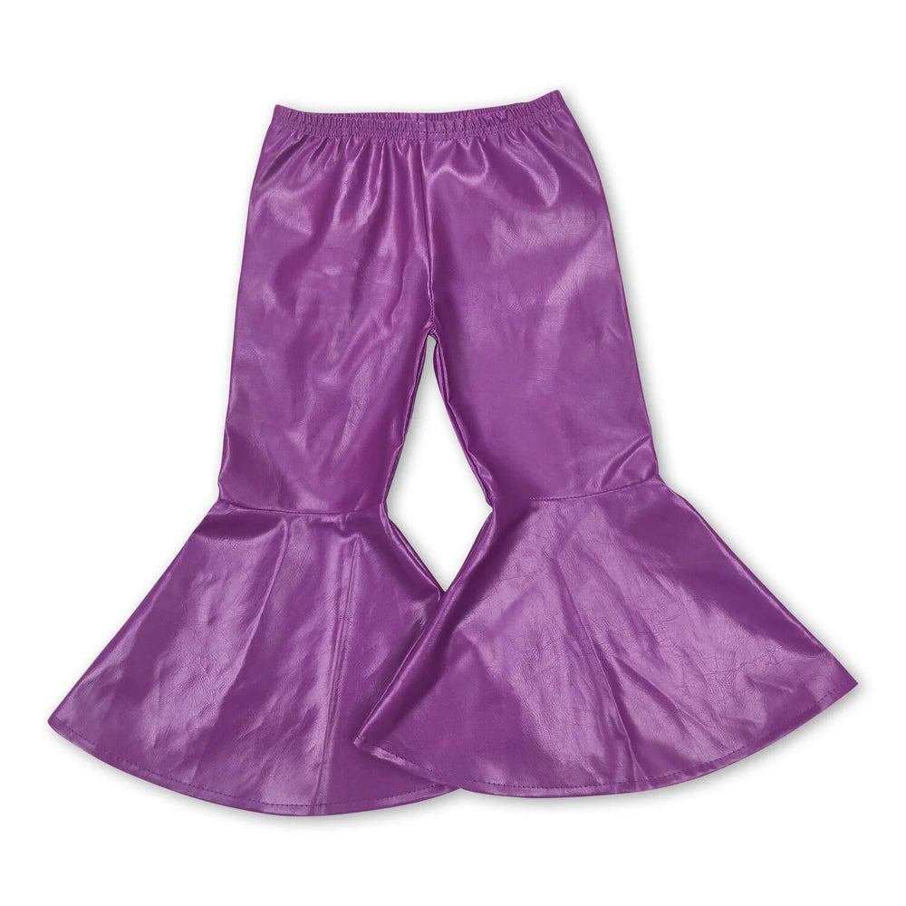 RTS NO MOQ Sibling cotton Baby Girls' Solid Color Pleather Bell Bottom Pants