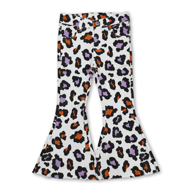 RTS NO MOQ Sibling milk silk Baby Girls Leopard Camo Bell Bottom Denim Pants Jeans