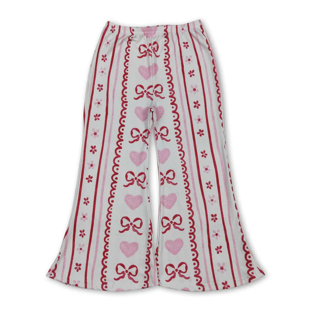RTS NO MOQ milk silkGT1419+P0894 Baby Girls Sleeveless Pink Mouths Valentines Vest Tops and Bows Hearts Flowers Stripe Valentines Flare Pants Bottom