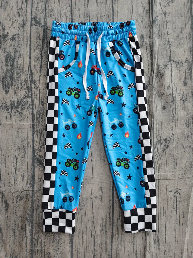 RTS NO MOQ milk silk BT1496+P0950 Baby Boys Blue Short Sleeve Motor Cars Flags 4th of July T-shirts Top Pant Set