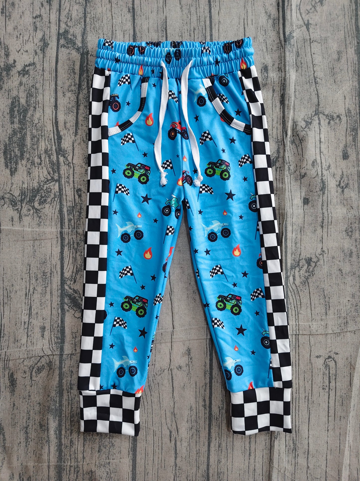 (Sample) No moq milk silk P0950 Baby Boys Hot Blue Motor Cars Pockets Jogger Pants Bottom
