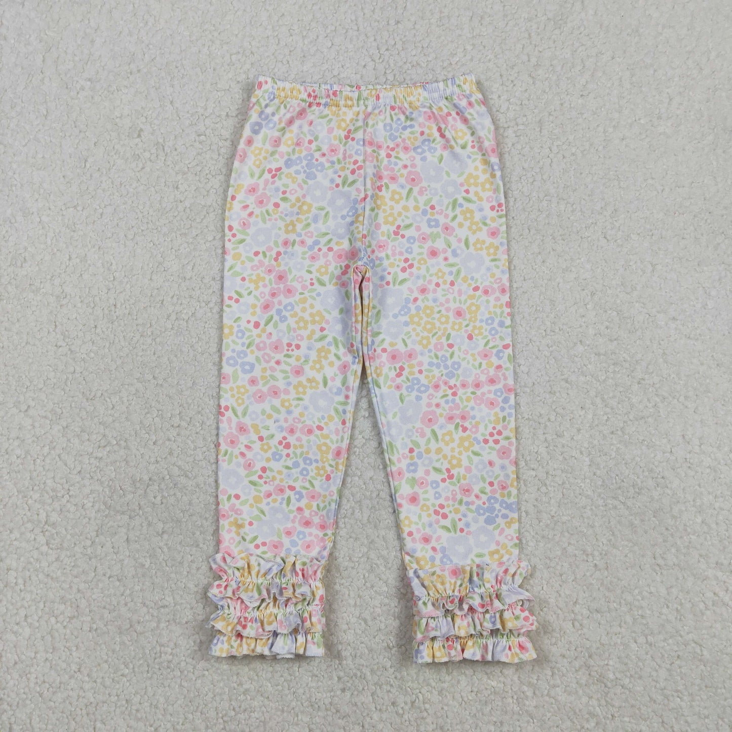 RTS NO MOQ GT0983+P1005 Baby Girls Yellow Lavender Bows Plaid Tee Shirts Top And Flowers Ruffle Legging Pants