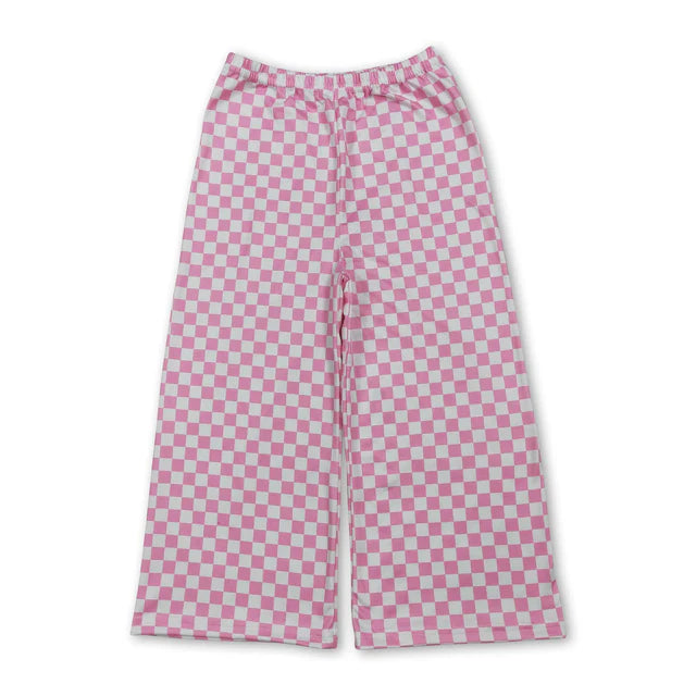 RTS NO MOQ milk silk GT0226+P1018 Baby Girls Pink Tapes Short Sleeve Tee Shirts Tops Checked Flare Pants Bottom Set