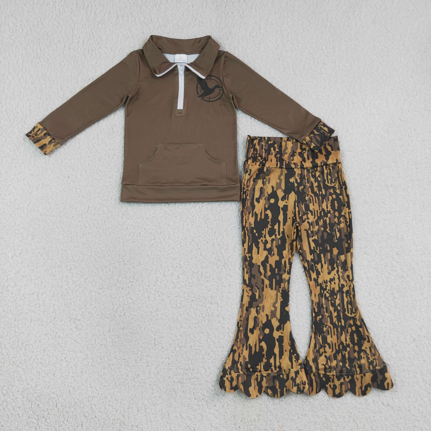 NEW RTS NO MOQ milk silk GT1698+P1039 Baby Girls Long Sleeve Ducks Zip Pocket Hunting Pullovers Southern Leaves Camo Scallop Bell Bottom Pants Set