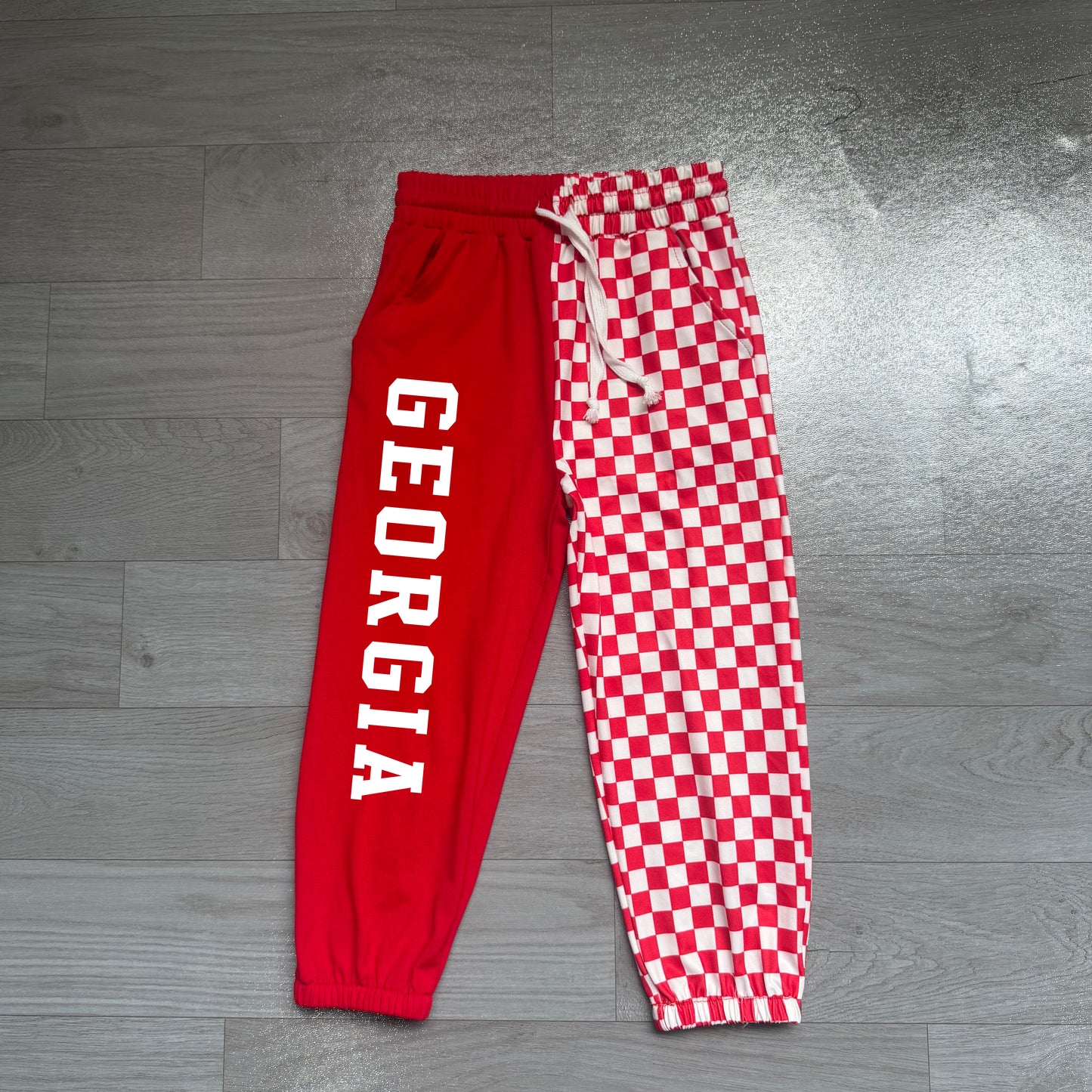 (Sample) No moq milk silk P1063 Baby Girls Red Check Team Print Pocket Jogger Casual Bottom