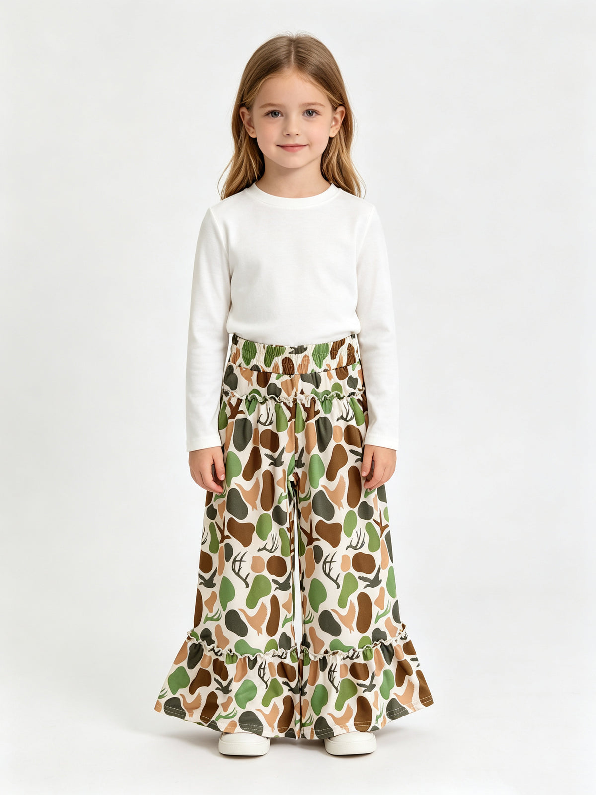 (Sample) No moq milk silk P1065 Baby Girls Green Brown Camo Deer Ducks Hunting Bell Bottom Pants Cute Bottom