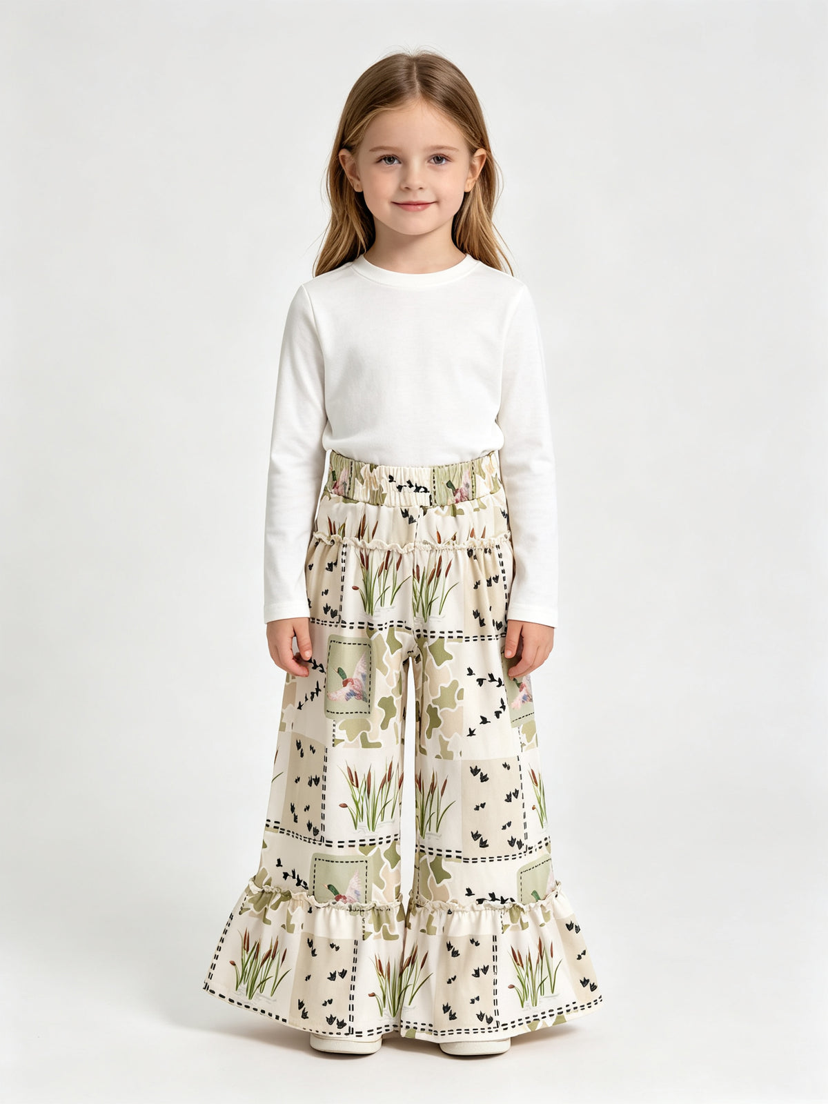 (Sample) No moq milk silk P1067 Baby Girls Green Camo Ducks Checked Hunting Bell Bottom Pants Cute Bottom