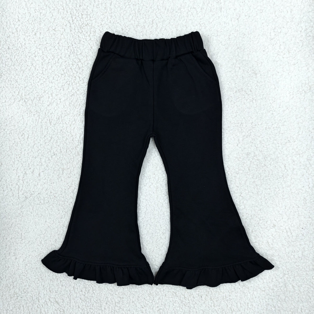 NEW RTS NO MOQ fleece P1072 Baby Girls Black Sweater Fabric Ruffle Flare Pants Bottom