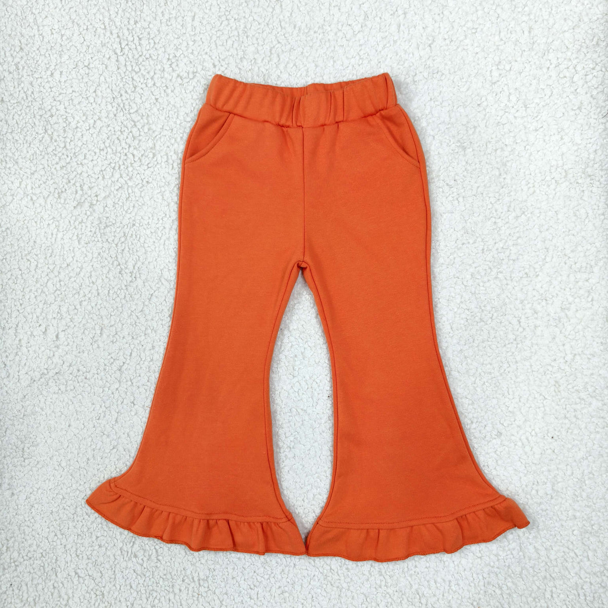 NEW RTS NO MOQ fleece P1073 Baby Girls Orange Sweater Fabric Ruffle Flare Pants Bottom