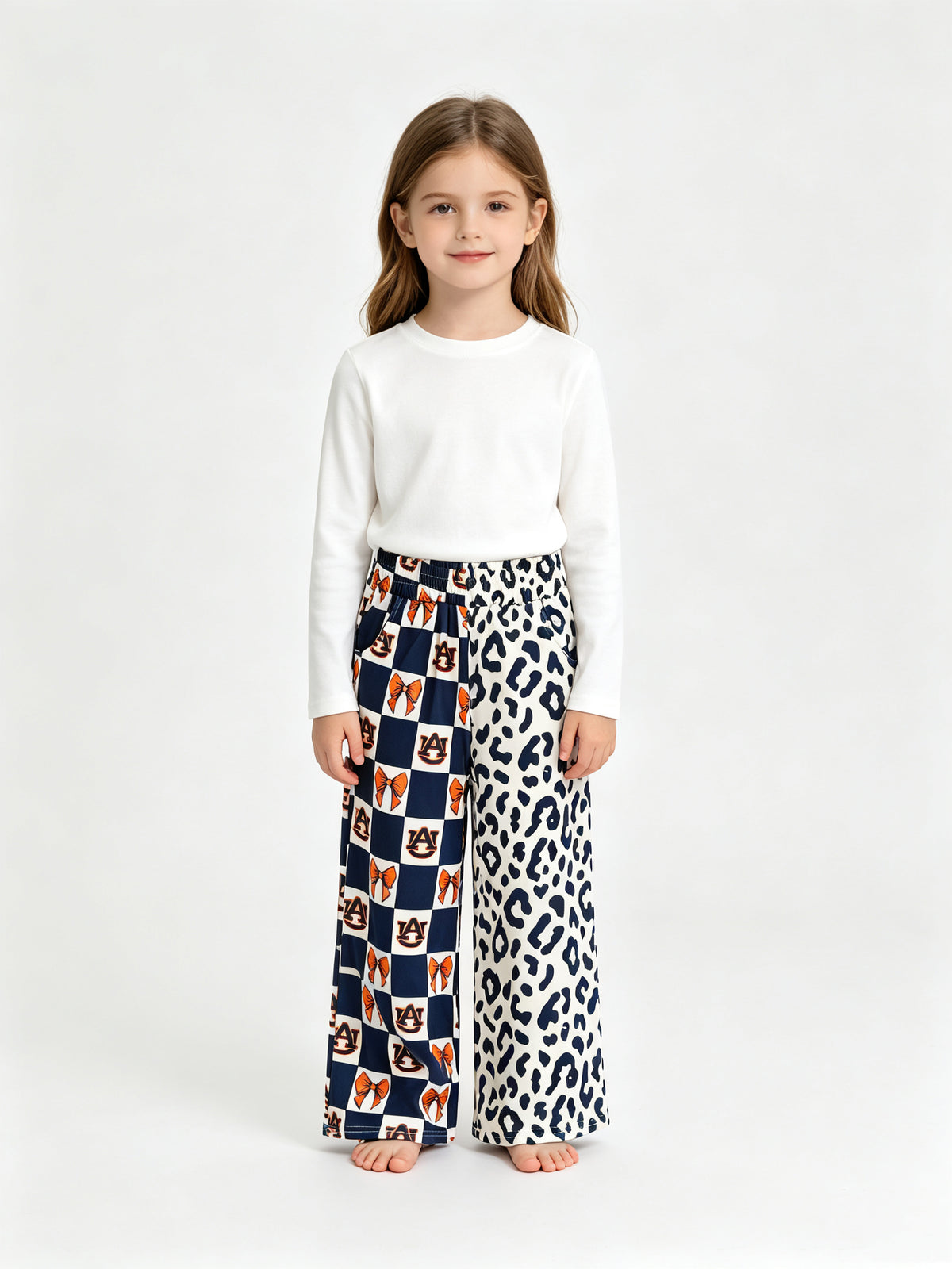 (Sample) No moq milk silk P1120 Baby Girls Bows Leopard Team Pockets Straight Pants Casual Bottom