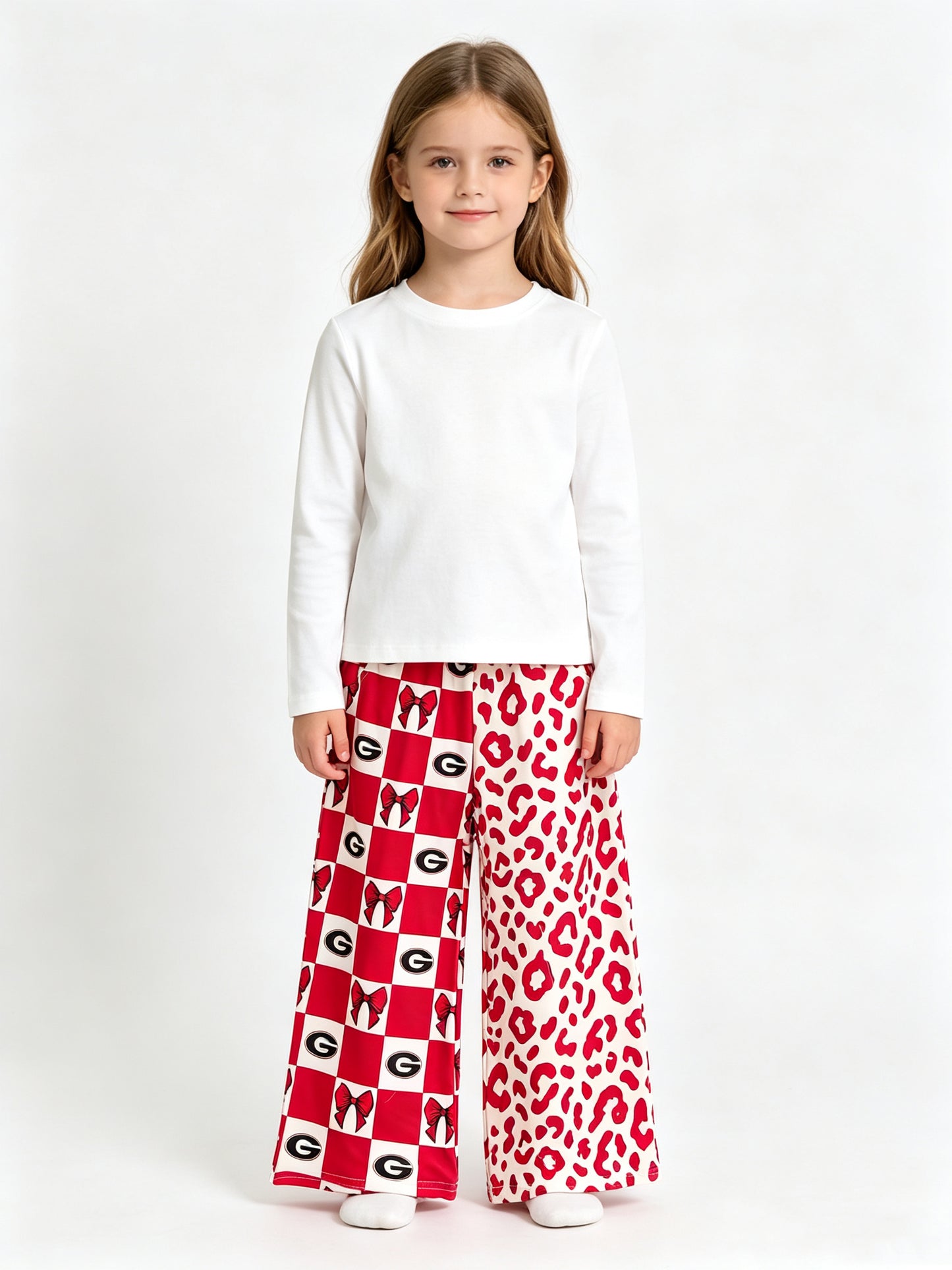 (Sample) No moq milk silk P1126 Baby Girls Bows Checked Leopard Team Pockets Straight Pants Casual Bottom