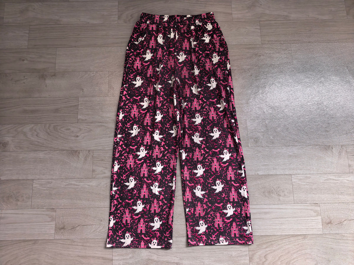 (Sample) No moq milk silk P1130 Adult Women Ghost Castles Leopard Print Halloween Pockets Flare Pants Bottom