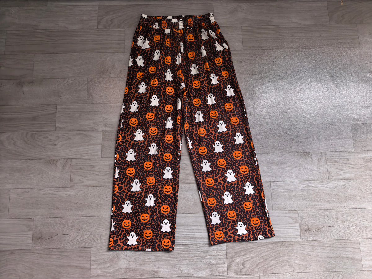 (Sample) No moq milk silk P1131 Adult Women Ghost Pumpkins Leopard Halloween Pockets Straight Pants Bottom Casual Holiday Bottom