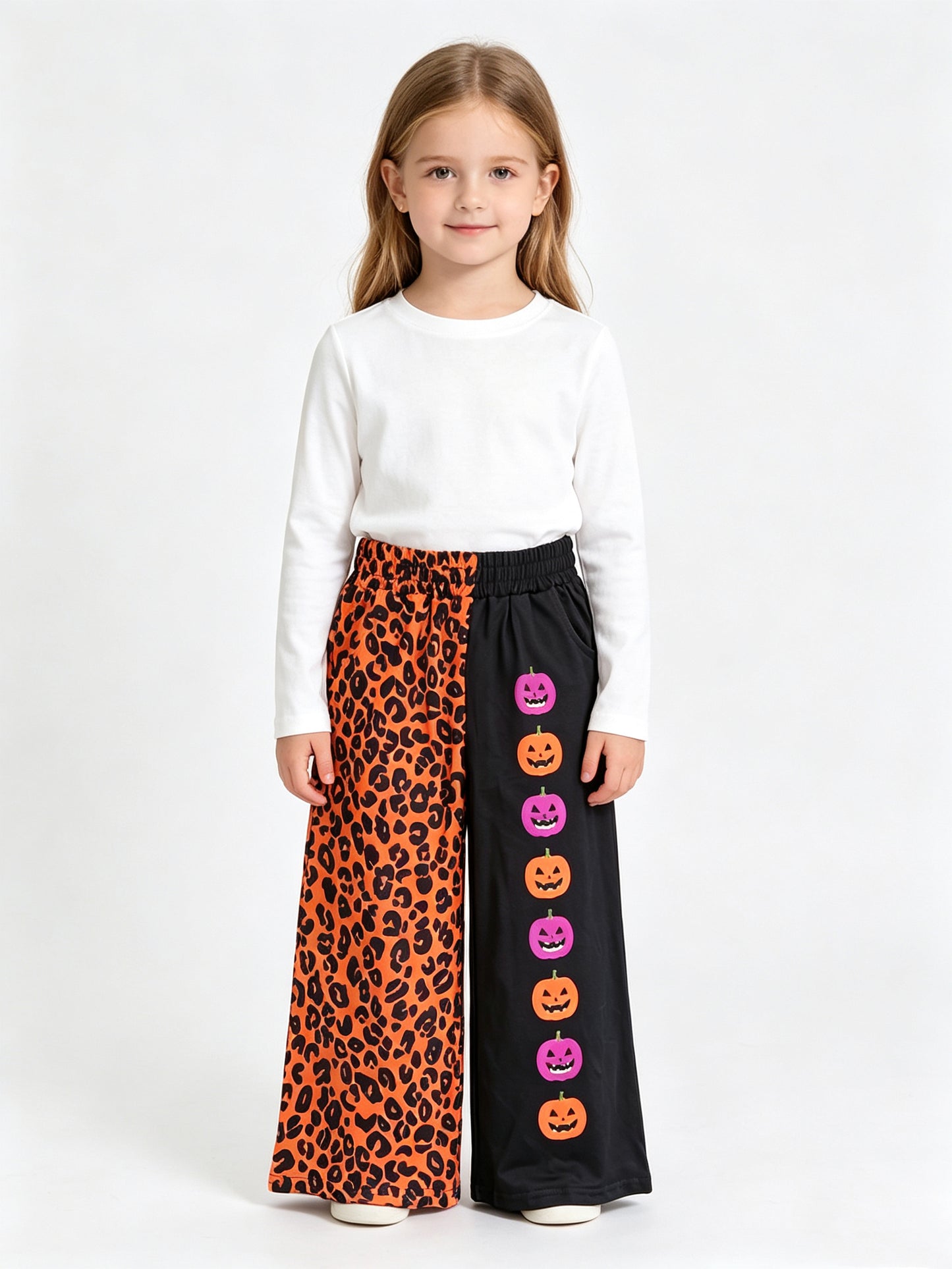 (Sample) No moq milk silk P1136 Baby Girls Ghosts Pumpkins Leopard Halloween Pockets Straight Pants Casual Bottom