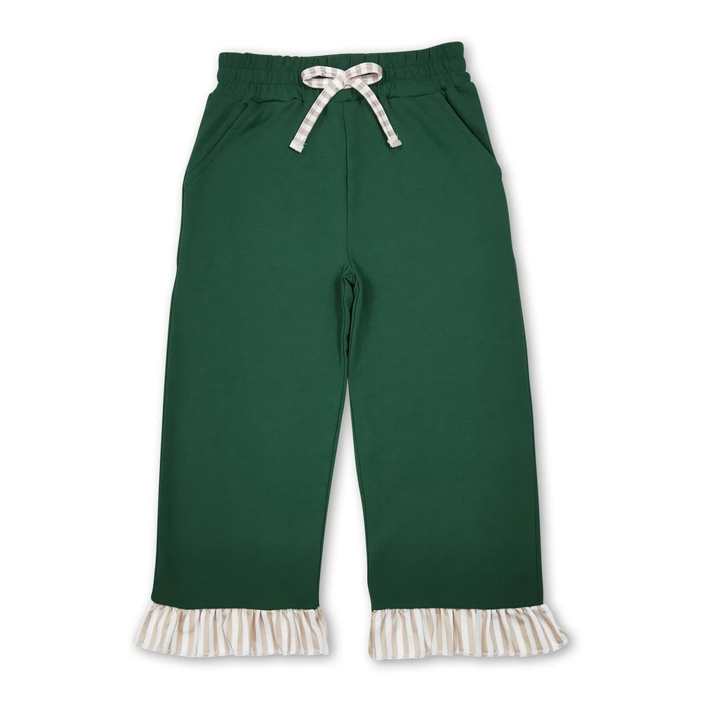 RTS NO MOQ Sibling cotton Baby Girls Solid Color Wide Leg Pants With Stripe Ruffle Hem And Striped Drawstring