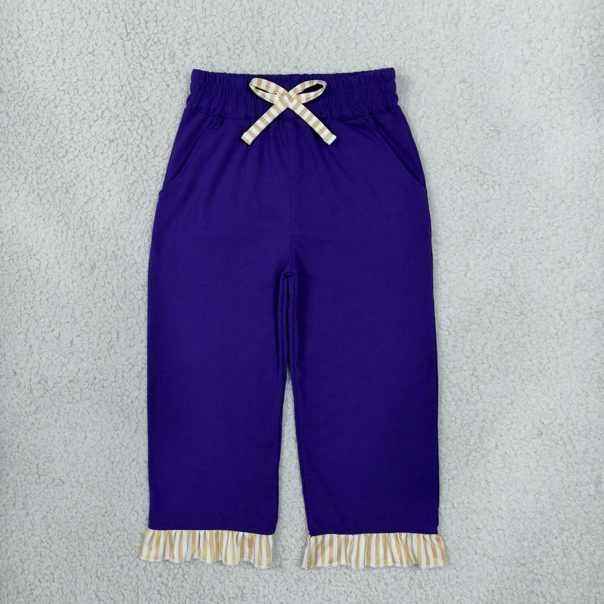 NEW RTS NO MOQ cotton P1155 Baby Girls Purple Khaki Pants With Bows Pockets Ruffle Casual Bottom