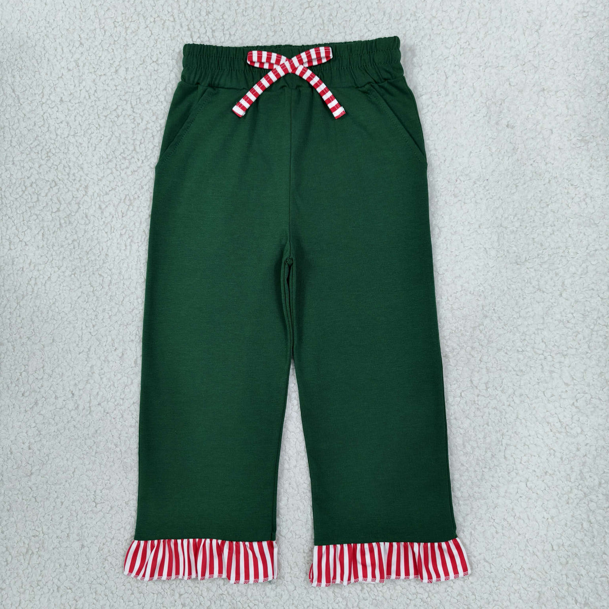 NEW RTS NO MOQ cotton P1158 Baby Girls Green Pants With Cute Bows Pockets Ruffle Bottom