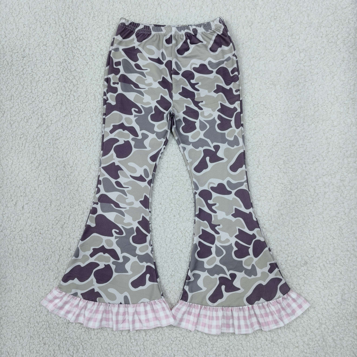 NEW RTS NO MOQ milk silk P1184 Baby Girls Camo Ruffle Flare Pants Casual Checked Flared Bottom