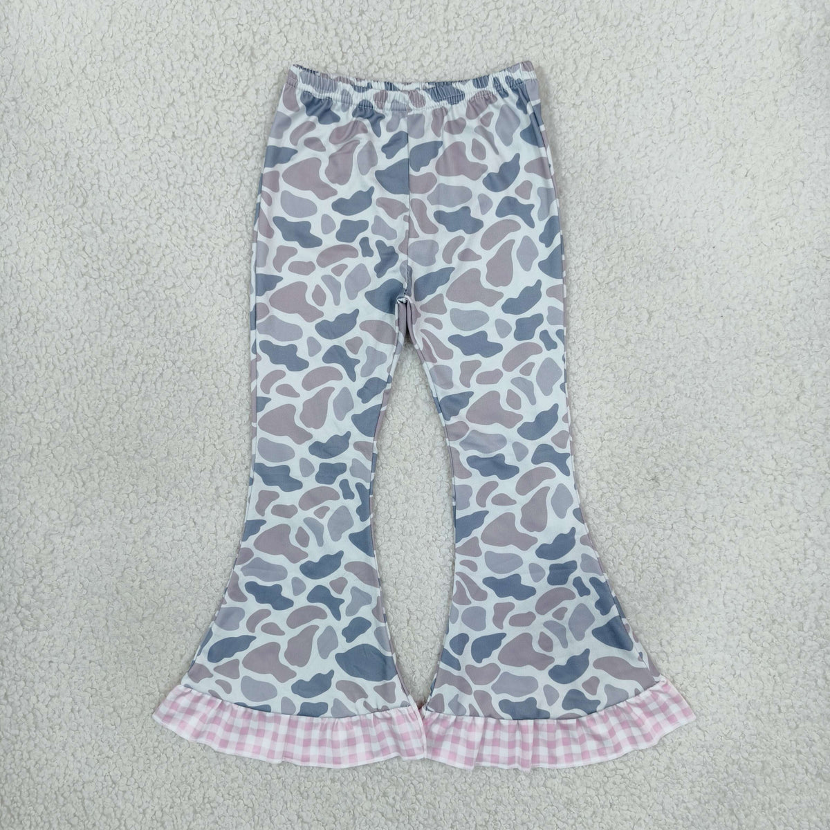 NEW RTS NO MOQ milk silk P1185 Baby Girls Camo Ruffle Flare Pants Casual Pink Checked Flared Bottom