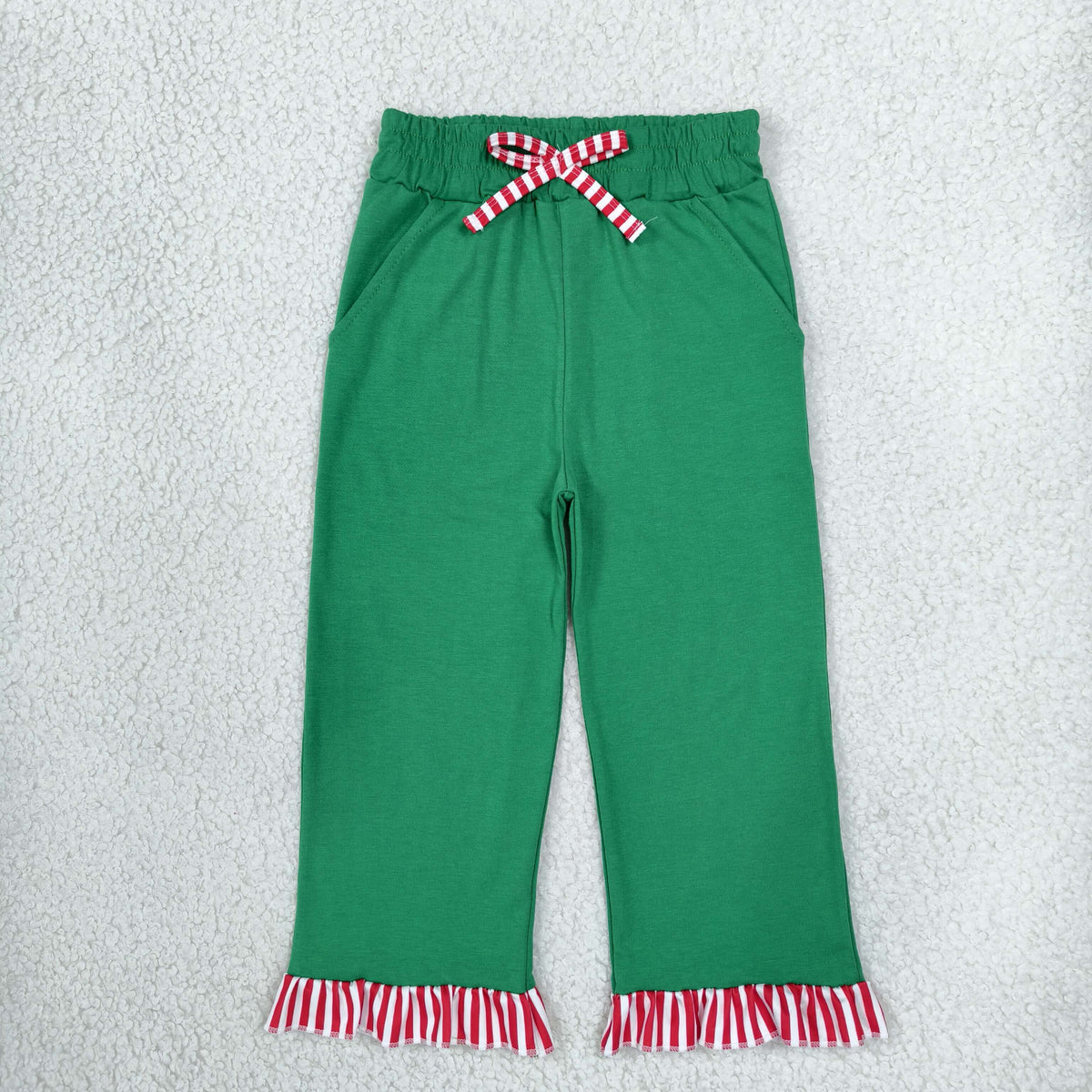 NEW RTS NO MOQ No moq milk silk P1254 Baby Girls Solid Green Pants Ruffle Hem And Pockets Bottom