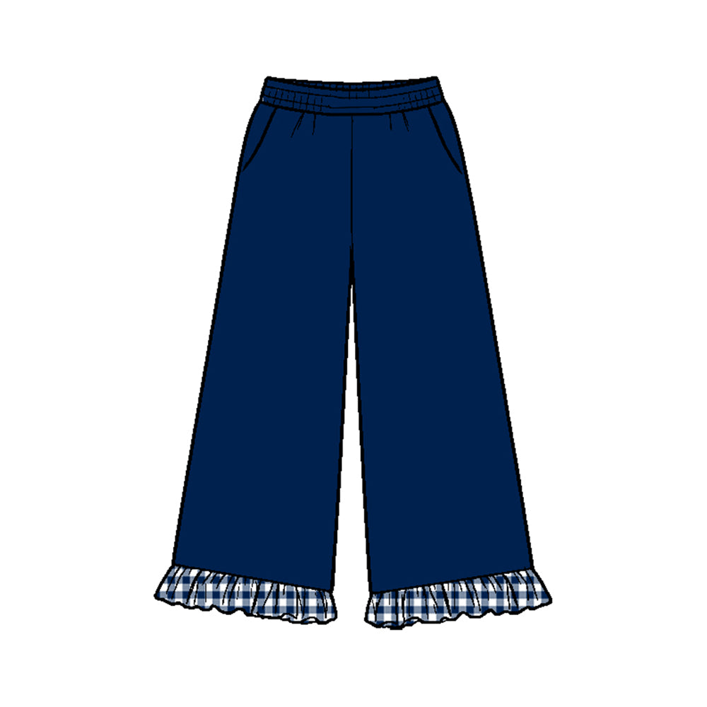 (Preorder new) No moq P1291 Girls Solid Navy Blue Wide Leg Pants With Navy Blue Gingham Ruffle Hem