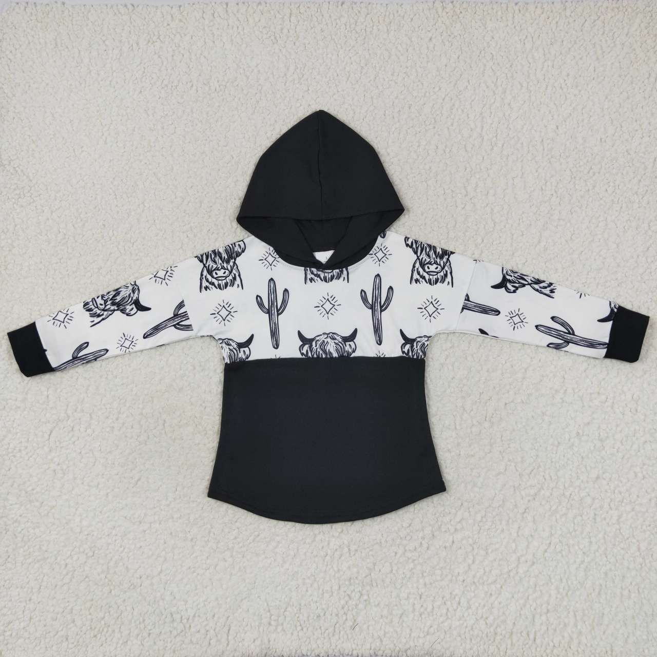 RTS NO MOQ(In Stock ) BT0318 Alpine Bull Cactus Black and White Hooded Long Sleeve Top