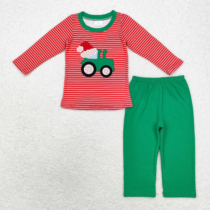 RTS NO MOQ Christmas Tractor Construction Sibling Rompers Clothes Sets Embroidery tractor