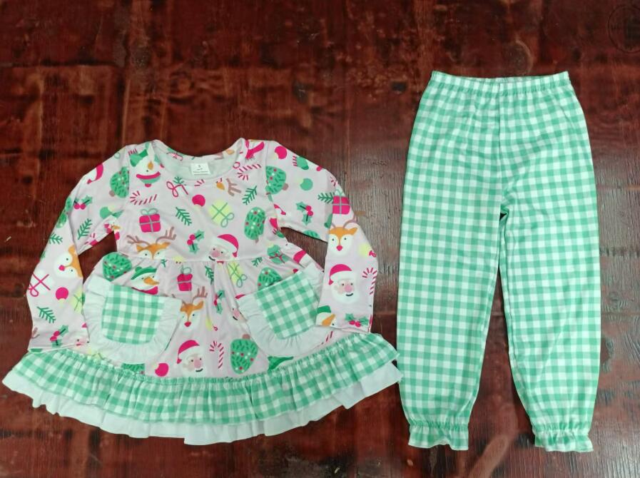 Custom moq 3 eta 6-7weeks Long Sleeve Christmas Pink Pocket Lace Top - Green Plaid Elastic Cuff Trousers Set