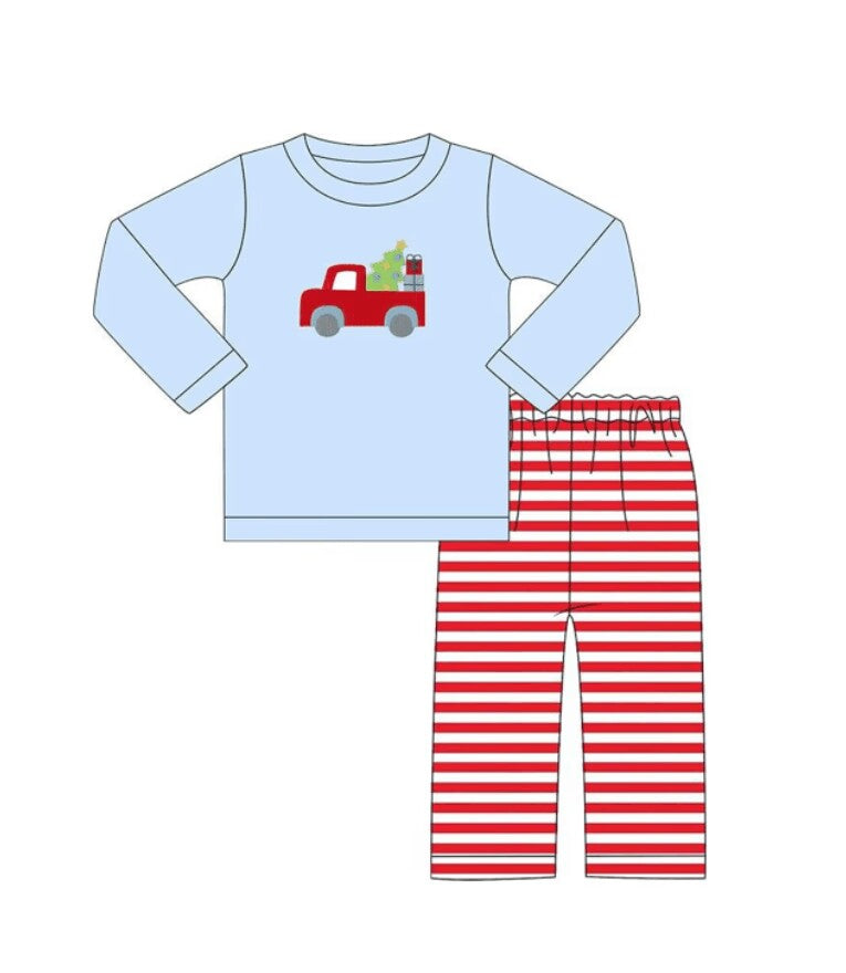 christmas custom moq 5 eta 4-5weeks Boys Christmas Truck Print Pink Long Sleeve Trousers Suit Striped