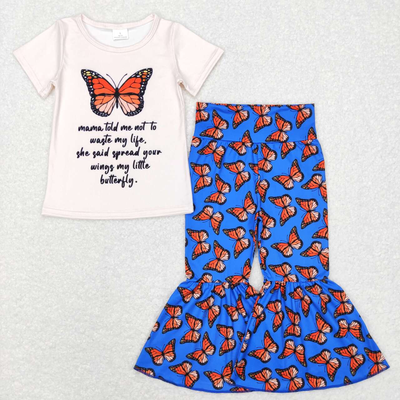 RTS NO MOQ(In Stock) Letter Butterfly Short Sleeve Blue Pants Suit