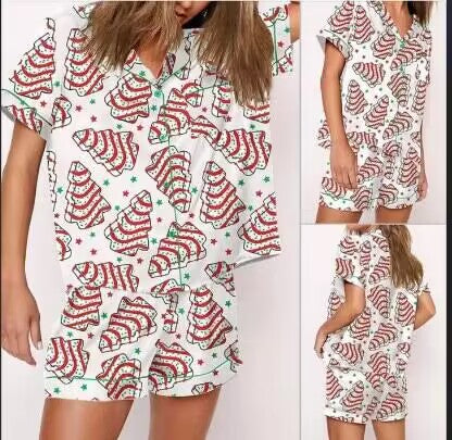 Custom MOQ 5 Girls Short Sleeve Shorts Set Christmas Tree Gingerbread