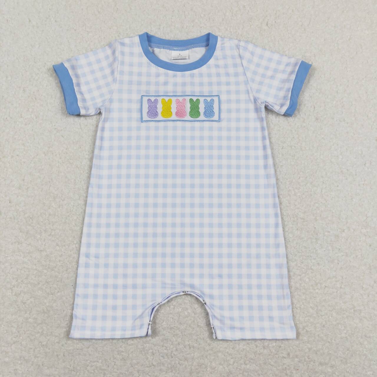 RTS NO MOQ(In Stock) SR0690 Embroidered colorful bunny blue and white plaid shorts jumpsuit