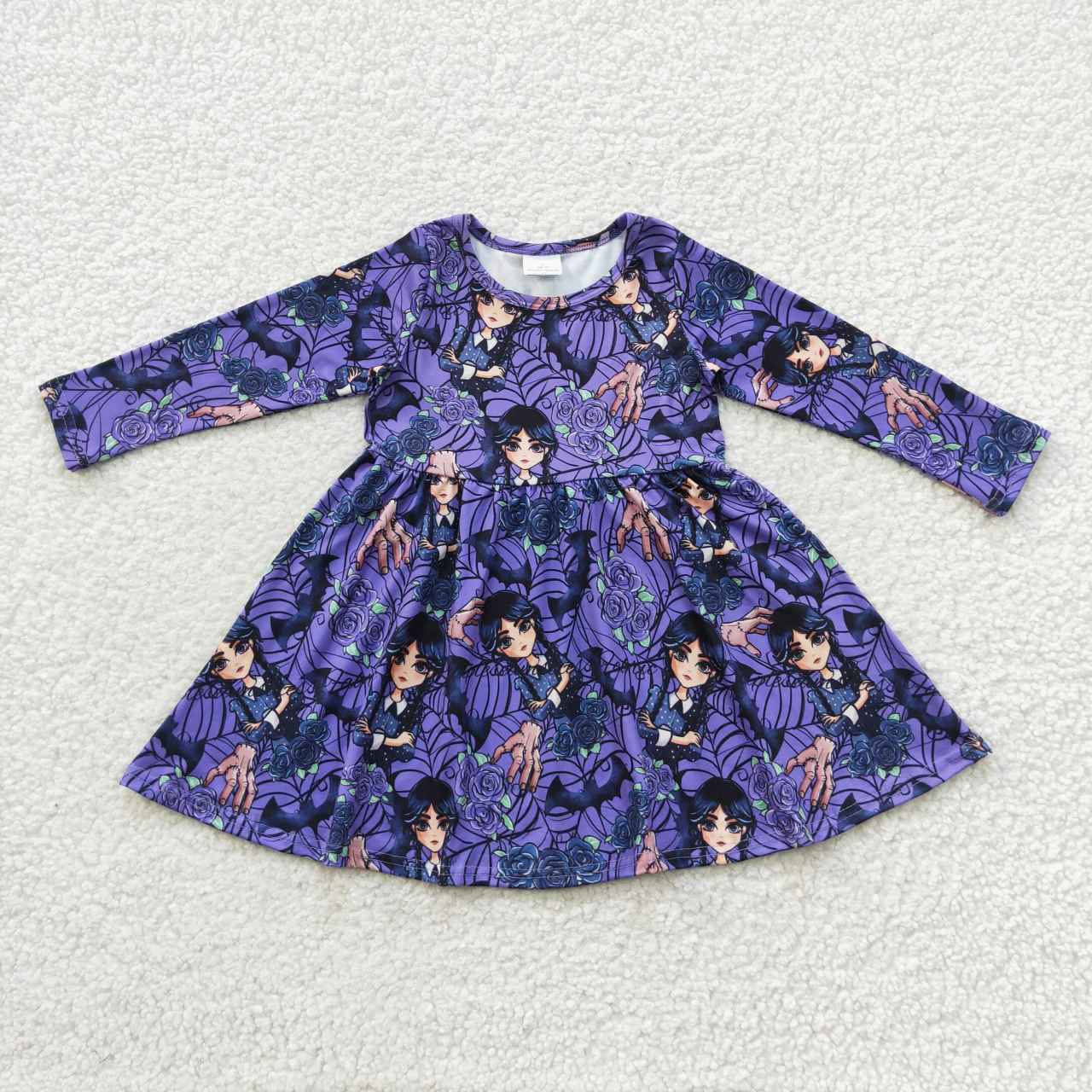 GLD0229 Wednesday Palm Flower Purple Long Sleeve Dress