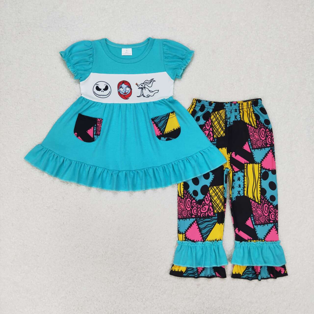RTS NO MOQ(In Stock) GSPO1579 The Nightmare Before Christmas Patchwork Pocket Teal Short Sleeve Pants