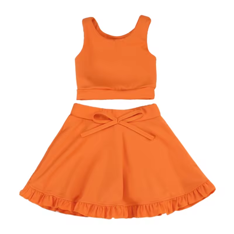 custom moq 3 cotton fabric eta 5-6week Orange Cotton Skirt Shorts Set