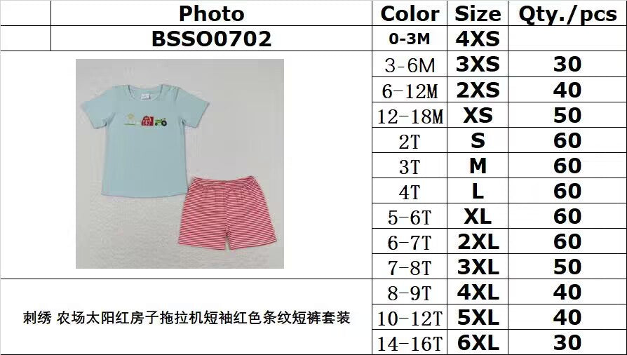RTS BSSO0702Embroidery Farm Sun Red House Tractor Short Sleeve Red Striped Shorts Set