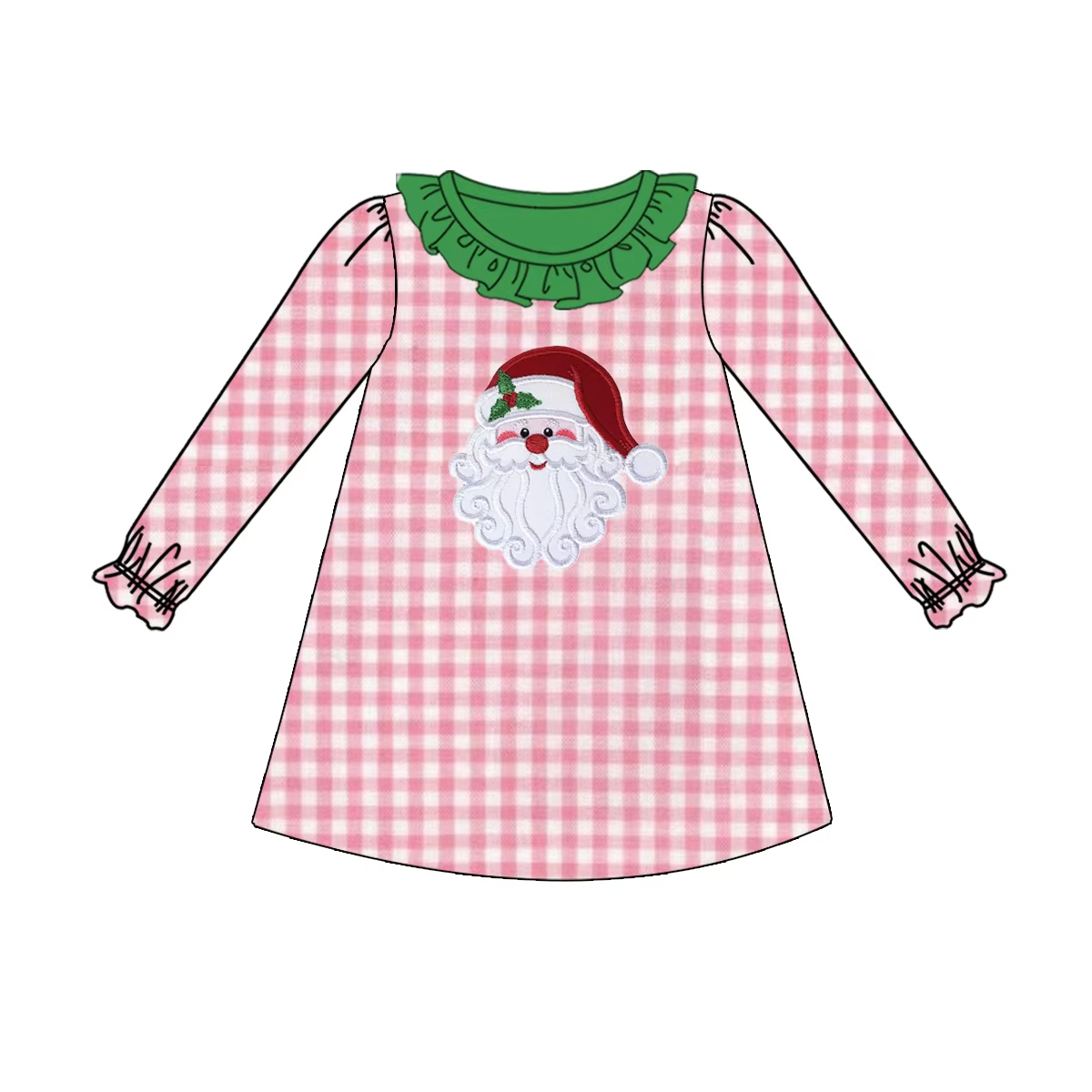 Custom moq 3 eta 6-8weeks Pink Plaid Santa Claus Green Ruffle Neckline Long Sleeve Dress