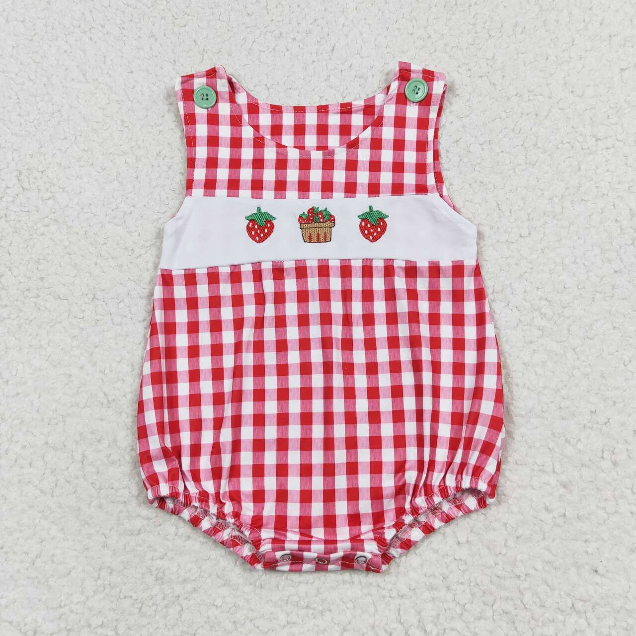 RTS NO MOQ(In Stock) Embroidered Strawberry Red Plaid Vest Bodysuit