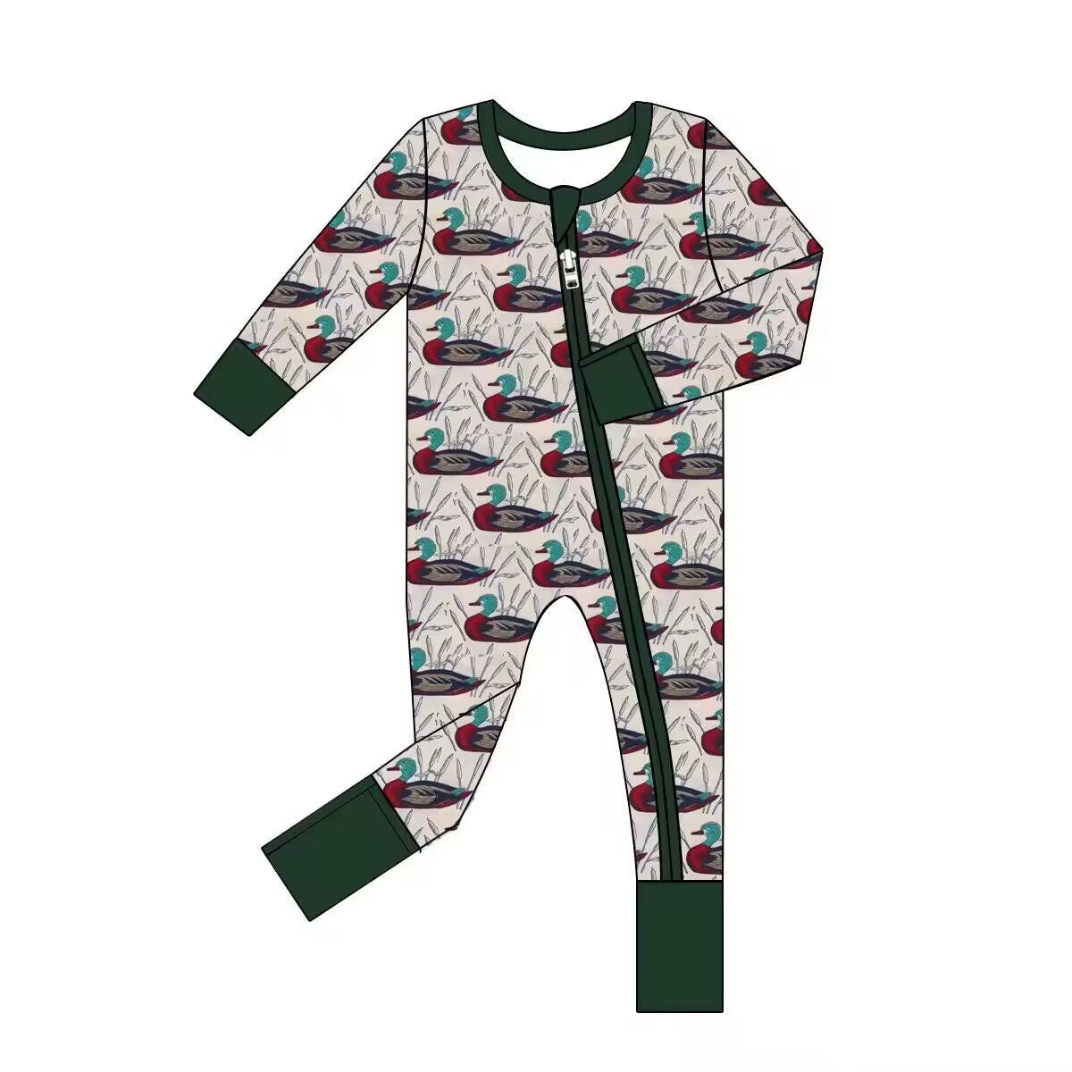 Custom moq 3 eta 6-8 weeks Dark green floating duck water grass long zipper crawling suit